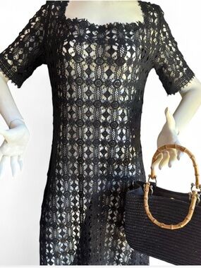 Max Studio black lace dress/sheer crochet cover up